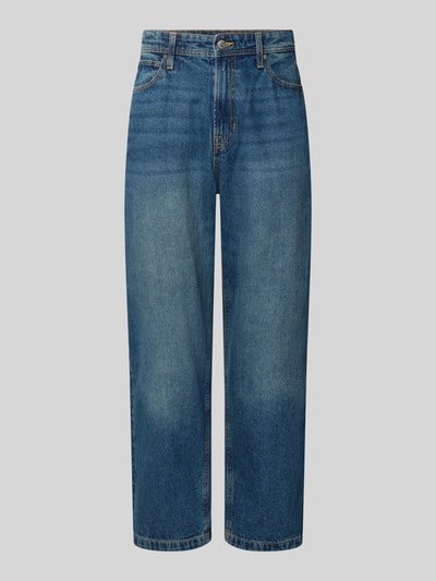 Produktfoto, Straight Fit Jeans aus reiner Baumwolle mit Gürtelschlaufen von JACK & JONES, niebieski denim, 5 kieszeni, szerokość w rozmiarze 32/32: 42 cm, długość wewnętrzna nogawki 75 cm, zapięcie na guzik i zamek błyskawiczny