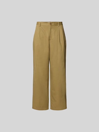 Produktfoto, Relaxed Fit Stoffhose aus Baumwolle von MAISON KITSUNÉ in Beige, Zierfalten, Eingriff- und Gesäßtaschen, Knopf- und Reißverschluss, Innenbeinlänge 72 cm, Bundweite 43 cm bei Größe 42, glatte Baumwollstruktur