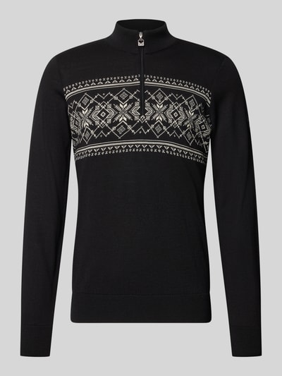 Produktfoto, Wollpullover mit Label-Patch Modell 'Liaset' von Dale of Norway in Schwarz mit weißen Norweger-Mustern, Troyer-Kragen, reine Wolle, gerader Schnitt, Rückenlänge 66 cm, Ärmellänge 69 cm.