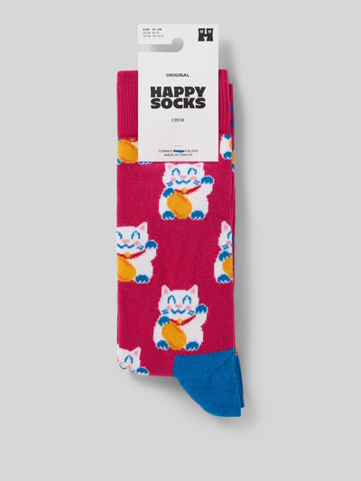 Produktfoto, Socken im Allover-Look Modell 'Lucky Neko' von Happy Socks, mieszanka bawełny z dodatkiem streczu, dopasowany krój, nadruk z motywem na całej powierzchni, wzór na różowym tle z niebieskimi i żółtymi detalami, wzór z motywem kotów, produkt dla mężczyzn