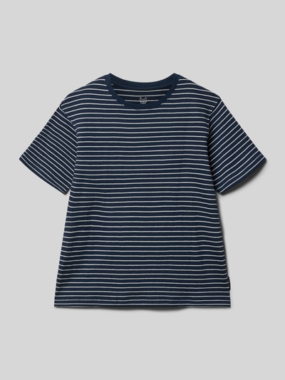 Produktfoto, Regular Fit T-Shirt in Strick-Optik Modell 'Edover' von JACK & JONES, Kinder T-Shirt aus reiner Baumwolle, dunkelblau mit weißen Streifen, Rundhalsausschnitt, Rückenlänge 52 cm bei Größe 140.