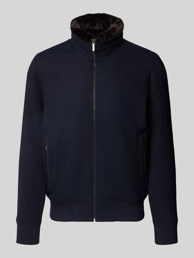 Produktfoto, Strickjacke mit Stehkragen und Reißverschluss von bugatti, dunkelblauer Baumwoll-Mix, Regular Fit, Kunstfellkragen, Eingrifftaschen