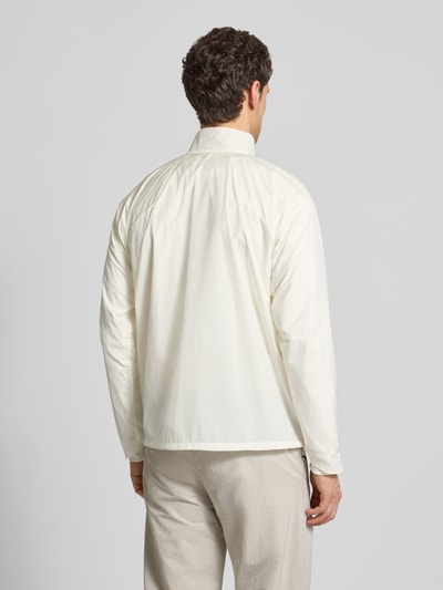 Männermodel trägt Jacke mit Stehkragen und Logo von Salomon in Creme, Regular Fit, Rückenansicht, Ganzkörperansicht Rückansicht. Rückenlänge 70 cm, Schulterbreite 52 cm, Brustweite 61 cm, Ärmellänge 66 cm.
