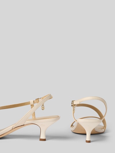 Produktfoto, Sandalette aus Leder Modell 'JAIDA KITTEN' von MICHAEL Michael Kors, naturalna skóra, paski ze sprzączką, aplikacja z logo, obcas niska szpilka, wysokość obcasa: 5 cm w rozmiarze 40, jasny kolor, gładka tekstura
