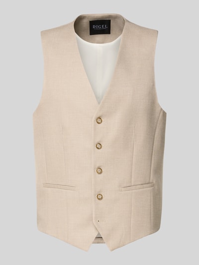Produktfoto, Regular Fit Weste mit Viskose-Anteil Modell 'Edgar' von DIGEL, elastischer Material-Mix, Denim-Optik, V-Ausschnitt, Knopfleiste, Rückenlänge 61 cm bei Größe 50, beige Textur vor grauem Hintergrund.