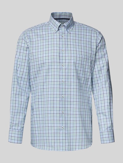 Produktfoto, Regular Fit Business Hemd aus Baumwolle mit Button-Down-Kragen von Eterna, weiß-blau-grünes Karomuster, Knopfleiste, Brusttasche, Reine Baumwolle, Rückenlänge 80 cm, Schulterbreite 46 cm, Ärmellänge 64 cm, Größe 40.