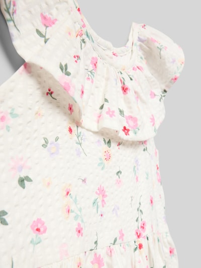 Productfoto, jurk in wit met roze en groene bloemenprint, puur katoen, A-lijn, laagjeslook, knoopsluiting achter, ruglengte maat 116: 58 cm, 'Kleid im Stufen-Look' van Happy Girls