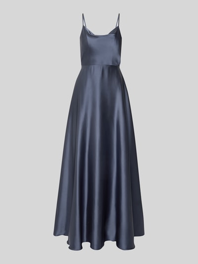 Produktfoto, Abendkleid mit Spaghettiträger und tiefem Rückenausschnitt von Laona aus dunkelblauem Satin, taillierter Schnitt, Maxikleid, Wasserfall-Ausschnitt, rückseitiger Reißverschluss, glatte Oberfläche, elegante Optik.