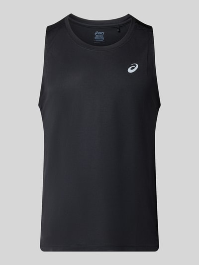 Produktfoto, zwart heren tanktop van ASICS, Jersey, regular fit, Model 'Core' met logoprint, mouwloos, ronde hals, ruglengte bij maat M: 66 cm
