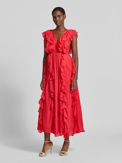 YAS Maxikleid aus Viskose-Mix mit Rüschenbesatz Modell 'Linala' Rot 1