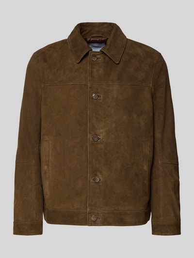 Productfoto, Jacke met zij-steekzakken van MCNEAL in bruin suède, recht model, kentkraag, knoopsluiting, gladde textuur