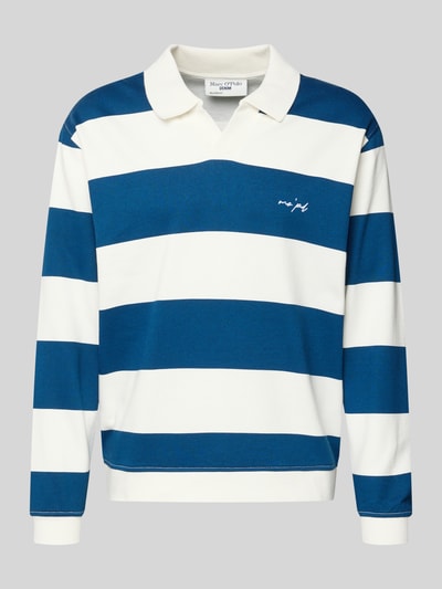 Produktfoto, Relaxed Fit Sweatshirt aus reiner Baumwolle von Marc O'Polo Denim, blau-weiß gestreift, Polokragen, Label-Schriftzug, gerippte Abschlüsse