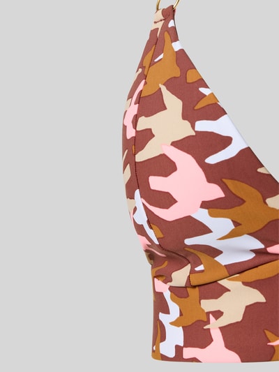 Produktfoto, Bikini-Oberteil mit Spaghettiträgern Modell 'Conchu' von Barts im bunten Camouflage-Design, Material-Mix mit Stretch-Anteil, Label-Detail.