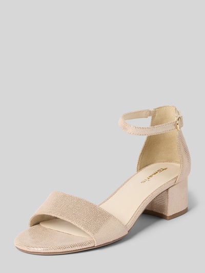 Produktfoto, Sandaletten mit Blockabsatz von Tamaris, beige unifarbene Optik, schimmernde Textur, abgerundete Schuhspitze, strukturierte Sohle, Allover-Muster, Klettverschluss, Label-Prägung, Effektgarn