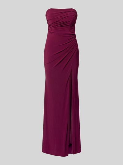 Produktfoto, Slim Fit Abendkleid in Maxilänge mit Gehschlitz von Hey Kyla im Schulterfrei-Design, Elastischer-Material-Mix, Raffung, bordeauxfarben