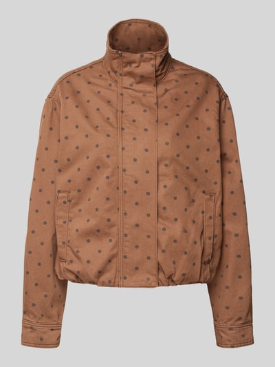 Produktfoto, Jacke mit verdecktem Reißverschluss Modell 'DOTS' von Mango aus Reine Baumwolle, Regular-Fit, Stehkragen, Farbe Braun mit Polka-Dots, Eingrifftaschen, Rückenlänge 56 cm, Schulterbreite 47 cm, Brustweite 60 cm, Ärmellänge 60 cm.