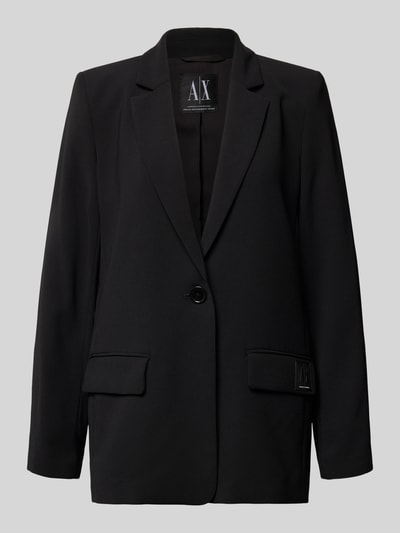 Produktfoto, Relaxed Fit Blazer mit Reverskragen von Armani Exchange, schwarze Farbe, Pattentaschen, Knopfverschluss, glatte Textur. Kontext: Damen Blazer, Rückenlänge bei Größe 36: 69 cm, Brustweite: 49 cm, Ärmellänge: 63 cm.