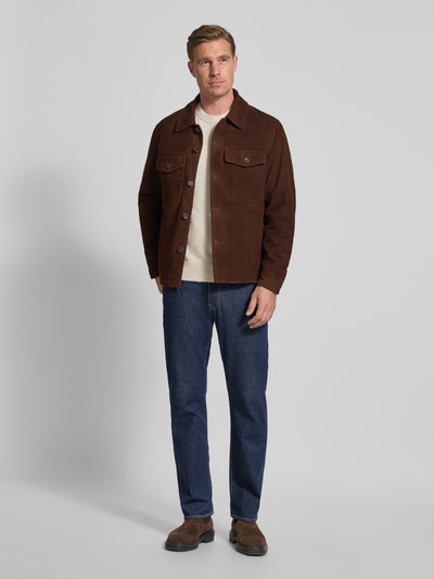 SELECTED HOMME Kurtka skórzana o kroju regular fit z efektem weluru model ‘THOM SUEDE’ Czekoladowy 1