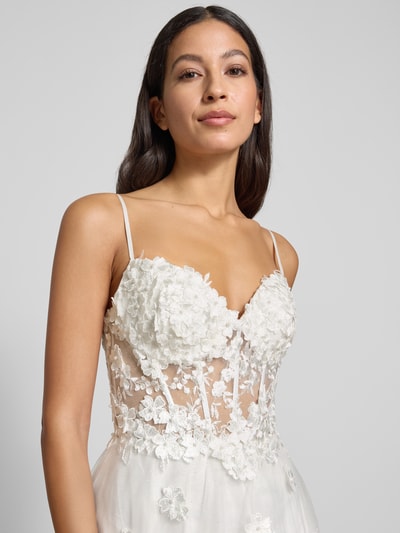 Luxuar Abendkleid mit Perlen und Spaghettiträgern Offwhite 3