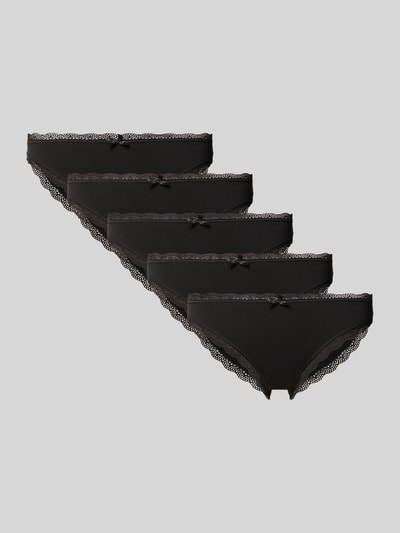 Produktfoto, Slim Fit Slip aus Baumwoll-Mix im 5er-Pack von DORINA, schwarze Slips mit Spitzenbesatz, elastische Textur, auf grauem Hintergrund