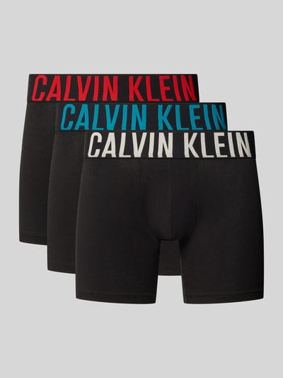 Produktfoto, Boxershorts aus Baumwoll-Mix im 3er-Pack von Calvin Klein Underwear, schwarz mit verschiedenfarbigem Bund red, blau, weiß, glatte Struktur