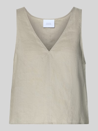 Produktfoto, Blusentop aus Leinen mit V-Ausschnitt von Style Icon Collection in Beige, Reines Leinen, Lockerer-Schnitt, Breite Träger, Rückenlänge 47 cm bei Größe 36, feine Stoffstruktur