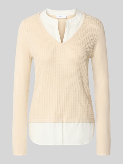 Productfoto, Longsleeve aus Viskose-Mix in Strick-Optik van comma, beige tricotlook, V-hals, contrasterende details, nauwsluitende pasvorm, Dames, Ruglengte maat 36: 66 cm, Mouwlengte maat 36: 83 cm