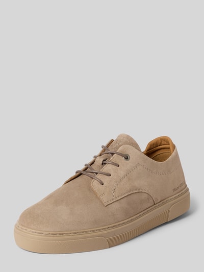 Produktfoto, Low Top Sneaker aus reinem Rindsleder von Marc O'Polo in Beige, rund, flach, unifarben, Veloursleder, strukturierte Sohle, Label-Prägung, Schnürung