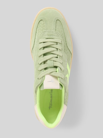Produktfoto, Low Top Sneaker aus Rindsleder-Textile-Mix von Tamaris in uni Hellgrün mit runder Schuhspitze, flacher Sohle, Effektgarn und Logo-Prägung