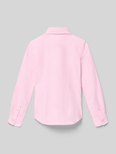 Productfoto, Regular Fit Hemdbluse aus reiner Baumwolle Modell 'TRINETTEOX-SHIRTS-BUTTON' van Polo Ralph Lauren Teens, effen roze piqué met button-down kraag, logostiksel, rugpas, lange mouwen met manchetten.