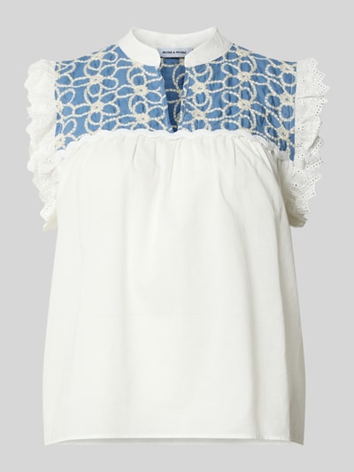 Produktfoto, Blusentop mit Stitchings und V-Ausschnitt von More & More aus bawełny, krój regular fit, koronka, niebiesko-białe kolory, długość tyłu w rozmiarze 36: 56 cm