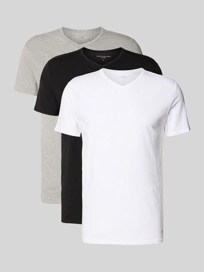 Produktfoto, Slim Fit T-Shirt Set aus Baumwoll-Mix im 3er-Pack von Tommy Hilfiger in Grau, Schwarz und Weiß, unifarben, V-Ausschnitt, kurze Ärmel, Jersey-Textur