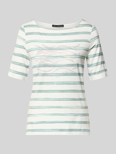 Produktfoto, T-Shirt aus Viskose-Elasthan-Mix mit Ziersteinbesatz von Betty Barclay, krój regular fit, okrągły dekolt, półrękaw, długość tyłu w rozmiarze 36: 61 cm, biało-miętowe paski, tekstura gładka z błyszczącymi detalami