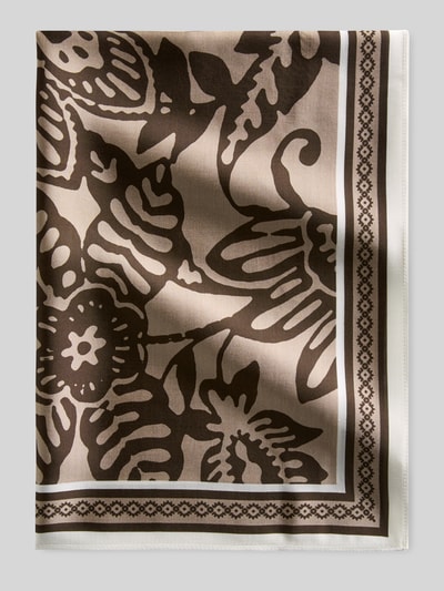 Produktfoto, Tuch aus Viskose-Mix von Marc O'Polo mit Optik:Allover-Muster, Materialverarbeitung: Satin, braune Blumenformen auf beigem Grund