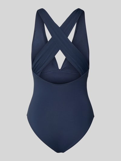 Produktfoto, Body mit V-Ausschnitt von Seafolly, dunkelblauer Material-Mix, körpernaher Schnitt, Rückseite mit überkreuzten Trägern, Raffungen.