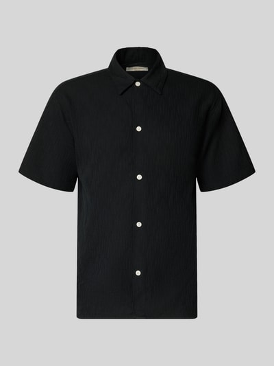 Productfoto, Regular Fit Freizeithemd met structuurpatroon model 'MONTAUK' van Jack & Jones, zwarte katoen, kentkraag, knoopsluiting.