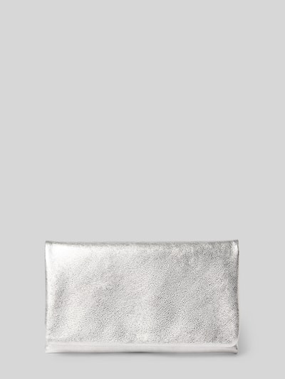 Produktfoto, Clutch aus echtem Leder mit Strukturmuster von Abro in Silber, rechteckige Form, sichtbares Strukturmuster, neutraler Hintergrund. Hauptfach mit Umschlag und Magnetverschluss, Reißverschlussfach und Label-Detail innen, Maße ca. 23x14x4 cm.