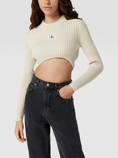 Calvin Klein Jeans Cropped Strickpullover mit Label-Patch Beige 4