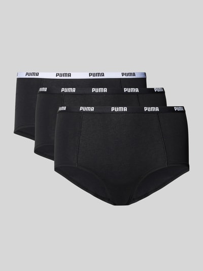 Produktfoto, Pants mit elastischem Logo-Bund im 3er-Pack von PUMA aus schwarzem Baumwoll-Elasthan-Mix, körpernaher Schnitt, jeweils mit kontrastierendem PUMA Schriftzug am Bund, glatte und weiche Textur.