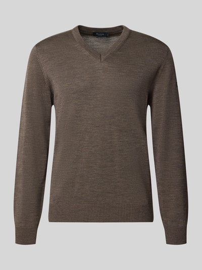 Produktfoto, Regular Fit Strickpullover aus reiner Schurwolle mit V-Ausschnitt von MAERZ Muenchen in Braun, elastische Abschlüsse, glatte Struktur
