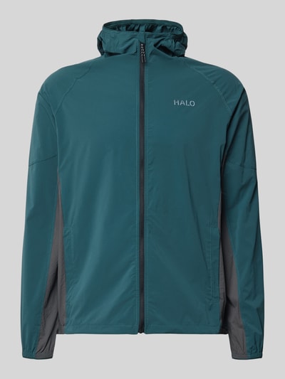 Produktfoto, Regular Fit Jacke mit Logo-Print Modell 'Division' von HALO in Petrol mit grauen Einsätzen, Stehkragen, Reißverschluss, elastischer Material-Mix