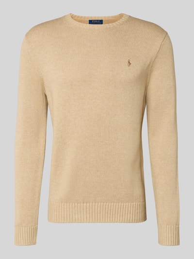 Produktfoto, beigefarbener Strickpullover mit gerippten Abschlüssen von Polo Ralph Lauren, reine Baumwolle, Regular Fit, Rundhalsausschnitt, dezente Struktur