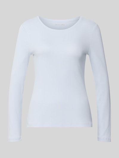 Produktfoto, Slim Fit Longsleeve aus reiner bawełna od Christian Berg Woman, jasnoniebieska bluzka z długim rękawem, krój slim fit, taliowany, okrągły dekolt, długość tyłu w rozmiarze S: 59 cm