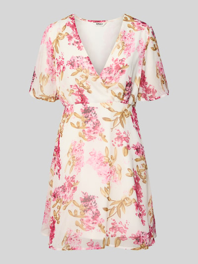 Produktfoto, Minikleid aus Crêpe-Chiffon Modell 'STAR-SUA' von Only, florales Allover-Muster in Rosa und Beige, V-Ausschnitt, Schmetterlingsärmel, tailliert, strukturierte Oberfläche