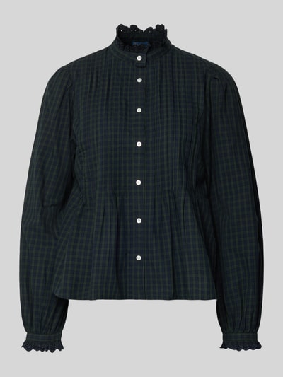Produktfoto, Regular Fit Hemdbluse aus reiner Baumwolle von Polo Ralph Lauren mit Allover-Muster, kariert, Biesen, Rüschenkragen, Ballonärmel, einreihige Knopfleiste, Rüschen am Ärmelabschluss, Schößchensaum, in Blau-Grün, glatte Baumwollstruktur.
