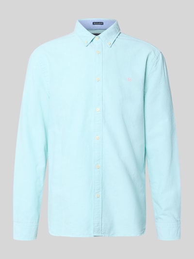 Produktfoto, Regular Fit Freizeithemd mit Logo-Stitching von Superdry in hellem Blau, Reine Baumwolle, Button-Down-Kragen, Knopfleiste, Sportmanschetten, Rückenlänge 73 cm, Schulterbreite 40 cm, Ärmellänge 63 cm, glatte Textur