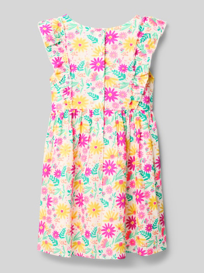 Meisje draagt Knielanges Kleid mit Schmetterlingsärmeln van Happy Girls, puur katoen, A-lijn, knielengte, ronde hals, knoopsluiting achter, ruglengte maat 116: 59 cm, mouwlengte maat 116: 6 cm, kleurrijke bloemenprint, volledige rugaanzicht.