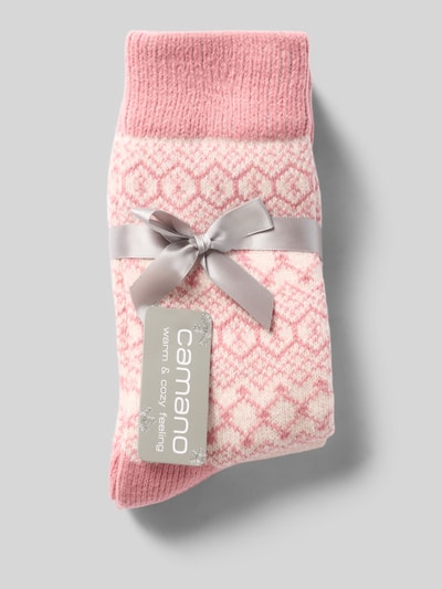 Produktfoto, Wärmende Socken in Strick-Optik von camano in Rosa und Creme mit Norweger-Look, weiche Textur, elastisches Rippbündchen, softe Zehennähte verhindern Druckstellen