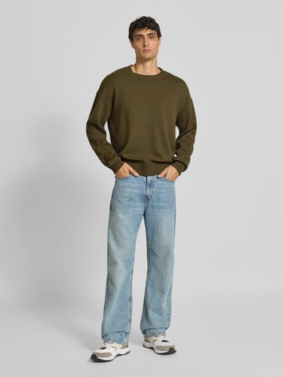 WOODBIRD Sweter z dzianiny o kroju oversized z prążkowanymi wykończeniami model ‘Kurt’ Ciemnobrązowy 1