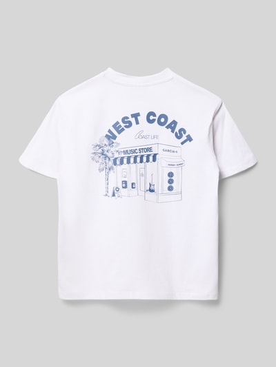 Produktfoto, weißes Regular Fit T-Shirt mit blauem Statement-Print und Rundhalsausschnitt von Garcia, reine Baumwolle, Rückenansicht